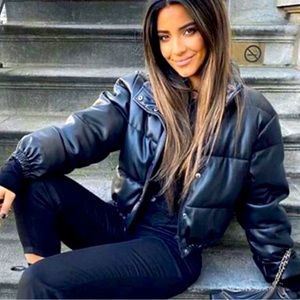 Zara black  faux leather puffer coat, zipper and snaps, s m l xl